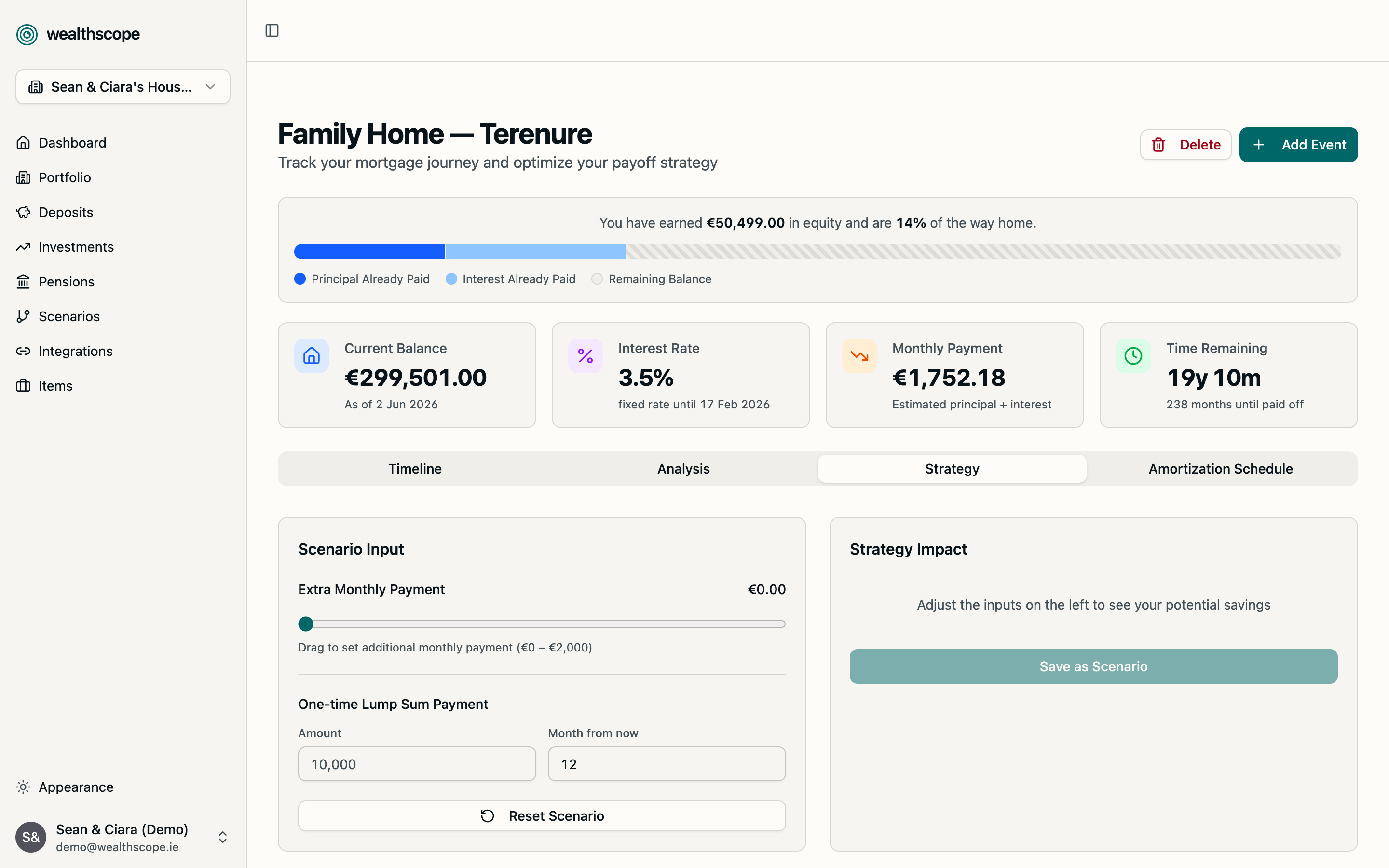 Scenario Lab strategy panel with extra-monthly-payment slider and lump-sum input feeding into a Strategy Impact card.